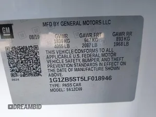 2020 Chevrolet Malibu LS with VIN 1G1ZB5ST5LF018946, listed as a IAAI auction lot 41289259 with 60,958 mi miles and . Bid and sale history available at DreamBid. Image 9.