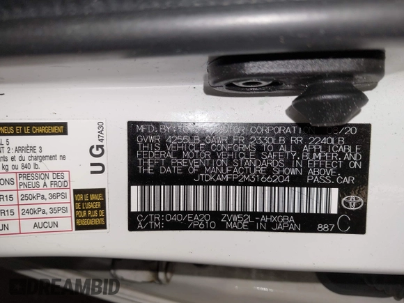 2021 Toyota Prius LE с VIN JTDKAMFP2M3166204, выставлен на аукционе IAAI как лот 42493581 с пробегом 45 094 миль миль и . История ставок и продаж доступна на DreamBid. Изображение 9.
