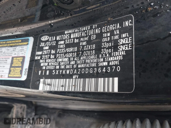 2013 Kia Sorento SX with VIN 5XYKWDA20DG364370, listed as a IAAI auction lot 41108533 with 146,124 mi miles and . Bid and sale history available at DreamBid. Image 9.