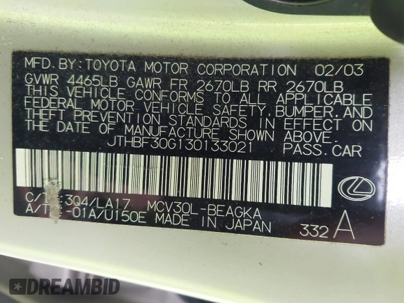 2003 Lexus ES 300 with VIN JTHBF30G130133021, listed as a IAAI auction lot 41848909 with 172,400 mi miles and . Bid and sale history available at DreamBid. Image 9.