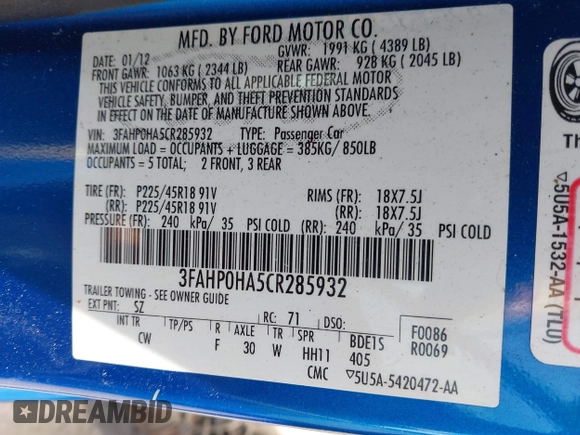 2012 Ford Fusion SE with VIN 3FAHP0HA5CR285932, listed as a IAAI auction lot 42055120 with Not Provided miles and . Bid and sale history available at DreamBid. Image 9.