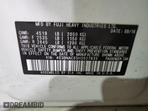 2017 Subaru Legacy Premium with VIN 4S3BNAC65H3027835, listed as a Copart auction lot 45411895 with 122,388 mi miles and Salvage Title. Bid and sale history available at DreamBid. Image 12.