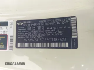 2012 MINI Hardtop with VIN WMWSU3C57CT185623, listed as a IAAI auction lot 42177627 with 159,596 mi miles and . Bid and sale history available at DreamBid. Image 9.