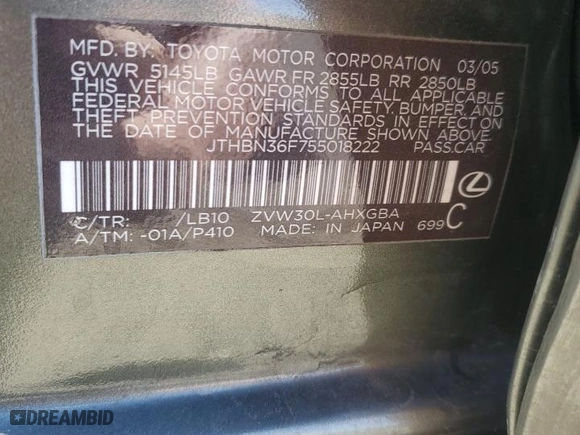 2005 Lexus LS 430 with VIN JTHBN36F755018222, listed as a Copart auction lot 47138745 with 129,320 mi miles and Salvage Title. Bid and sale history available at carsss.com. Image 12.
