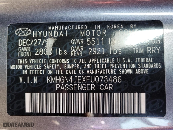 2015 Hyundai Genesis 3.8L with VIN KMHGN4JEXFU073486, listed as a Copart auction lot 52023875 with 94,586 mi miles and Salvage Title. Bid and sale history available at carsss.com. Image 12.