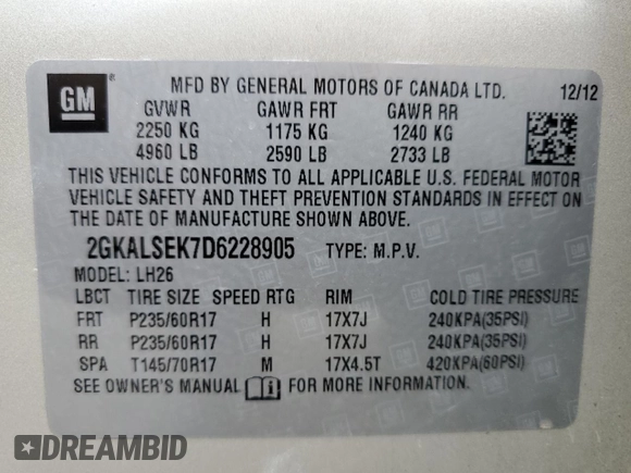 2013 GMC Terrain SLE с VIN 2GKALSEK7D6228905, выставлен на аукционе Copart как лот 61030105 с пробегом 155 055 миль миль и Списание • Salvage title. История ставок и продаж доступна на DreamBid. Изображение 14.