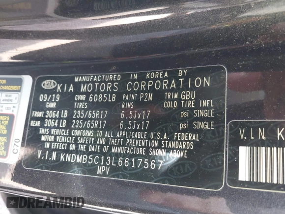 2020 Kia Sedona LX with VIN KNDMB5C13L6617567, listed as a IAAI auction lot 41774812 with 68,500 mi miles. Bid and sale history available at carsss.com. Image 9.