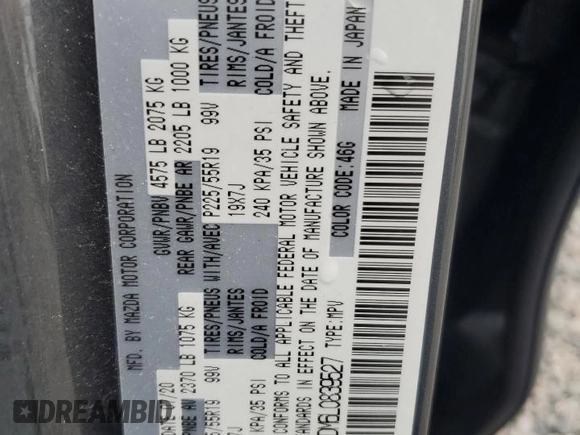 2020 Mazda CX-5 Grand Touring with VIN JM3KFADM6L0839527, listed as a Copart auction lot 46677475 with 50,305 mi miles and Salvage Title. Bid and sale history available at DreamBid. Image 13.