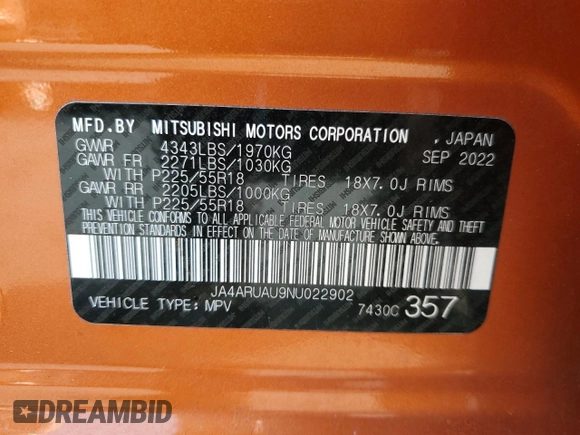 2022 Mitsubishi Outlander ES с VIN JA4ARUAU9NU022902, выставлен на аукционе Copart как лот 60344805 с пробегом 59 602 миль миль и Списание • Salvage title. История ставок и продаж доступна на DreamBid. Изображение 14.