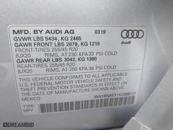 2019 Audi Q5 Premium Plus with VIN WA1BNAFY1K2088121, listed as a IAAI auction lot 41603102 with 42,689 mi miles. Bid and sale history available at carsss.com. Image 9.
