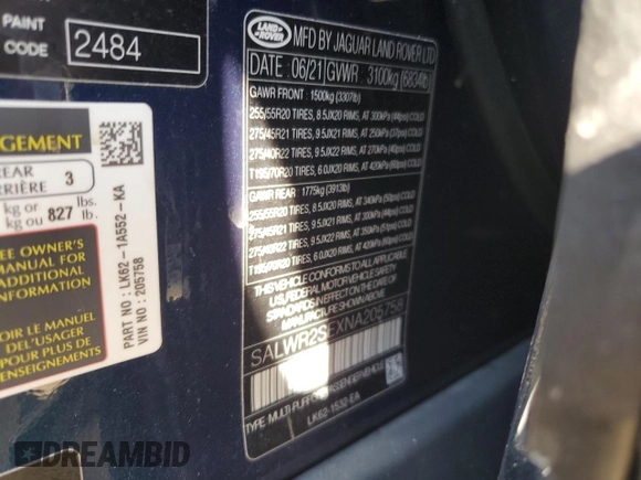 2022 Land Rover Range Rover Sport HSE Dynamic with VIN SALWR2SEXNA205758, listed as a Copart auction lot 70080934 with 43,452 mi miles and Salvage Title. Bid and sale history available at DreamBid. Image 14.