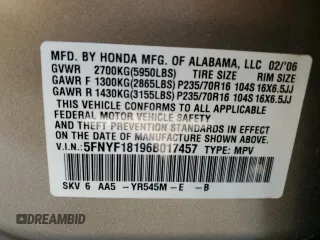 2006 Honda Pilot LX z VIN 5FNYF18196B017457, wystawiony jako Copart lot #53818945 z przebiegiem 148 041 mil mil oraz Szkoda całkowita • Salvage title. Historia ofert i sprzedaży dostępna na DreamBid. Obrazek 13.