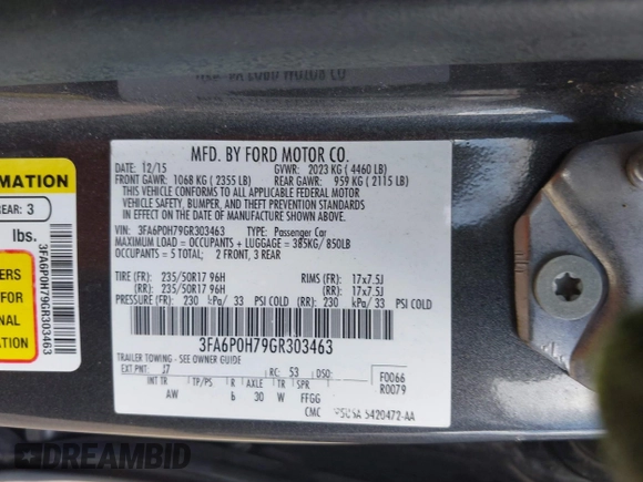 2016 Ford Fusion SE with VIN 3FA6P0H79GR303463, listed as a IAAI auction lot 42593477 with 224,623 mi miles and . Bid and sale history available at DreamBid. Image 9.