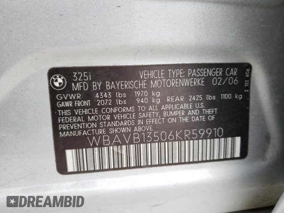 2006 BMW 3 Series 325i with VIN WBAVB13506KR59910, listed as a Copart auction lot 54754715 with 107,181 mi miles and Salvage title. Bid and sale history available at DreamBid. Image 12.