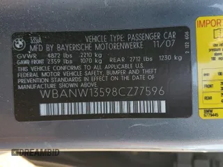 2008 BMW 5 Series 535i with VIN WBANW13598CZ77596, listed as a Copart auction lot 53101605 with 272,078 mi miles and Salvage Title. Bid and sale history available at carsss.com. Image 13.