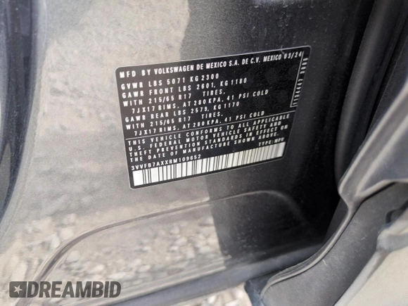 2024 Volkswagen Tiguan S with VIN 3VVFB7AXXRM109652, listed as a Copart auction lot 58813325 with 18,850 mi miles and Salvage title. Bid and sale history available at DreamBid. Image 12.