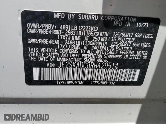 2024 Subaru Forester Premium with VIN JF2SKADC8RH429514, listed as a Copart auction lot 62229835 with 18,696 mi miles and Salvage title. Bid and sale history available at DreamBid. Image 13.