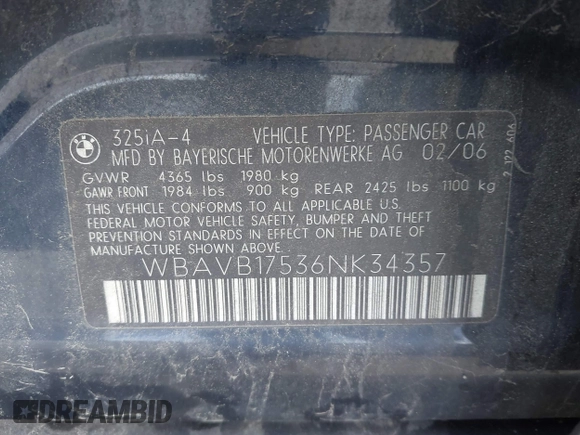 2006 BMW 3 Series 325i with VIN WBAVB17536NK34357, listed as a IAAI auction lot 42260521 with 115,865 mi miles and . Bid and sale history available at DreamBid. Image 9.