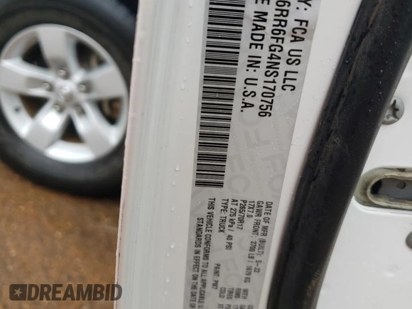 2022 Ram 1500 Tradesman with VIN 1C6RR6FG4NS170756, listed as a Copart auction lot 49491295 with 81,106 mi miles and Salvage title. Bid and sale history available at DreamBid. Image 12.