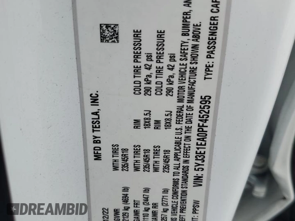 2023 Tesla Model 3 z VIN 5YJ3E1EA0PF452595, wystawiony jako Copart lot #58491175 z przebiegiem 40 288 mil mil oraz Szkoda całkowita • Salvage title. Historia ofert i sprzedaży dostępna na DreamBid. Obrazek 13.