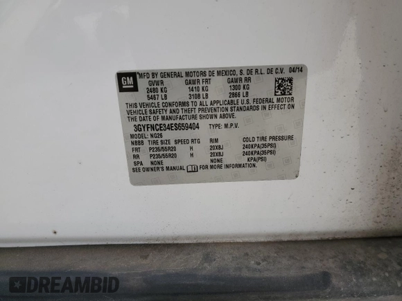 2014 Cadillac SRX Performance Collection with VIN 3GYFNCE34ES659404, listed as a Copart auction lot 54991955 with 169,308 mi miles and Clean title. Bid and sale history available at DreamBid. Image 13.
