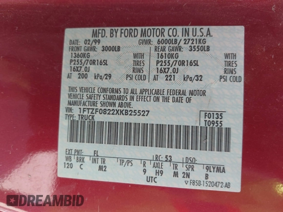1999 Ford F-150 с VIN 1FTZF0822XKB25527, выставлен на аукционе IAAI как лот 41993309 с пробегом Не указан миль и . История ставок и продаж доступна на DreamBid. Изображение 9.