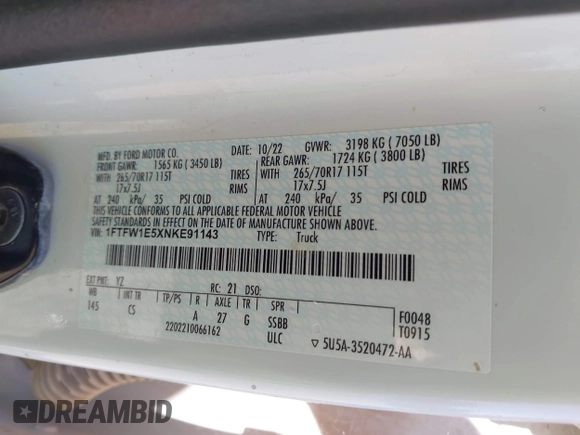 2022 Ford F-150 XL с VIN 1FTFW1E5XNKE91143, выставлен на аукционе IAAI как лот 42823433 с пробегом 74 617 миль миль и . История ставок и продаж доступна на DreamBid. Изображение 9.