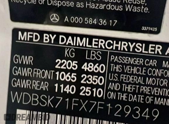 2007 Mercedes-Benz SL 550 with VIN WDBSK71FX7F129349, listed as a Copart auction lot 60161885 with 108,178 mi miles and Clean title. Bid and sale history available at DreamBid. Image 10.