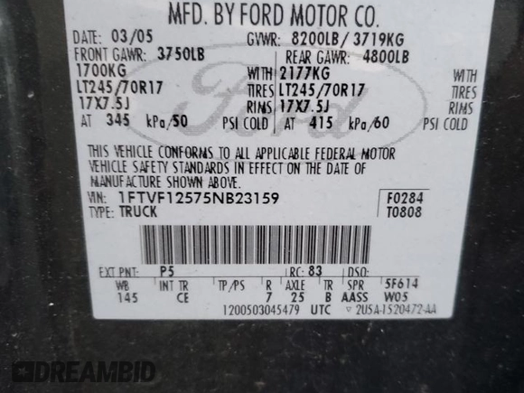 2005 Ford F-150 XL z VIN 1FTVF12575NB23159, wystawiony jako Copart lot #84847554 z przebiegiem Nie podano mil oraz Szkoda całkowita • Salvage title. Historia ofert i sprzedaży dostępna na DreamBid. Obrazek 12.
