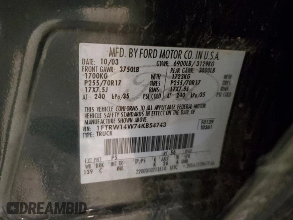 2004 Ford F-150 XLT с VIN 1FTRW14W74KB54743, выставлен на аукционе Copart как лот 48203725 с пробегом 180 516 миль миль и Списание • Salvage title. История ставок и продаж доступна на DreamBid. Изображение 14.