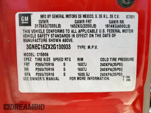 2002 Chevrolet Suburban LS with VIN 3GNEC16ZX2G130933, listed as a Copart auction lot 59340045 with Not provided miles and Salvage title. Bid and sale history available at DreamBid. Image 14.