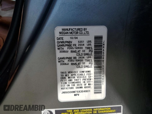 2005 Infiniti FX with VIN JNRAS08W75X204901, listed as a Copart auction lot 55780965 with 260,917 mi miles and Salvage title. Bid and sale history available at DreamBid. Image 13.