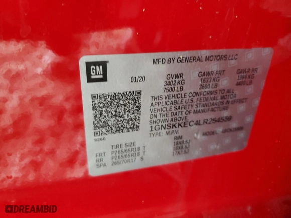 2020 Chevrolet Suburban Commercial with VIN 1GNSKKEC4LR254559, listed as a Copart auction lot 47543905 with 51,587 mi miles and Salvage Title. Bid and sale history available at carsss.com. Image 13.