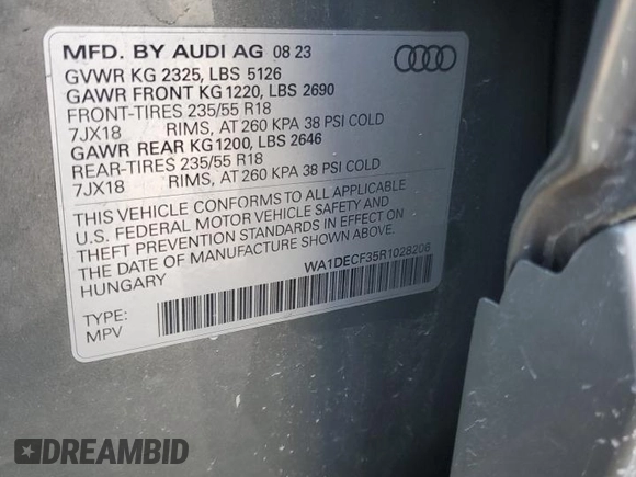 2024 Audi Q3 S line Premium z VIN WA1DECF35R1028206, wystawiony jako Copart lot #56335225 z przebiegiem 19 375 mil mil oraz Szkoda całkowita • Salvage title. Historia ofert i sprzedaży dostępna na DreamBid. Obrazek 14.