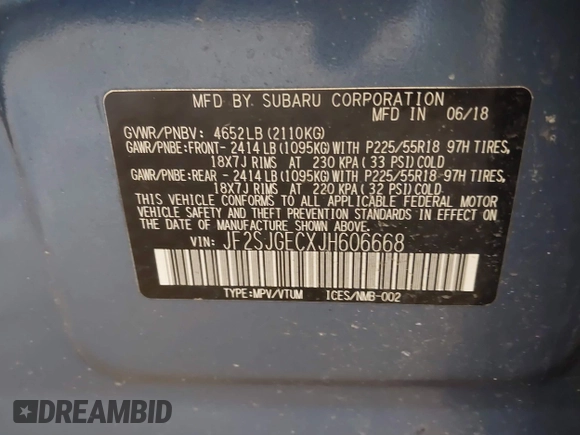 2018 Subaru Forester Premium with VIN JF2SJGECXJH606668, listed as a IAAI auction lot 41879710 with 64,910 mi miles. Bid and sale history available at carsss.com. Image 9.