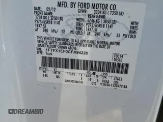 2012 Ford F-150 XL with VIN 1FTFX1EF0CFA94228, listed as a Copart auction lot 52775855 with 150,636 mi miles and Clean Title. Bid and sale history available at carsss.com. Image 12.
