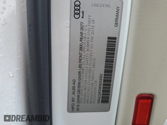 2019 Audi A6 Premium Plus with VIN WAUL2AF24KN024052, listed as a Copart auction lot 45996475 with 37,215 mi miles and Salvage Title. Bid and sale history available at carsss.com. Image 13.