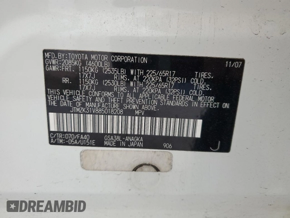 2008 Toyota RAV4 Ltd with VIN JTMZK31V885018208, listed as a Copart auction lot 52377905 with 180,359 mi miles and Salvage Title. Bid and sale history available at carsss.com. Image 14.