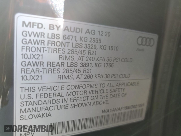 2021 Audi Q8 Premium with VIN WA1AVAF15MD021091, listed as a Copart auction lot 41790825 with 41,330 mi miles and Salvage Title. Bid and sale history available at carsss.com. Image 14.