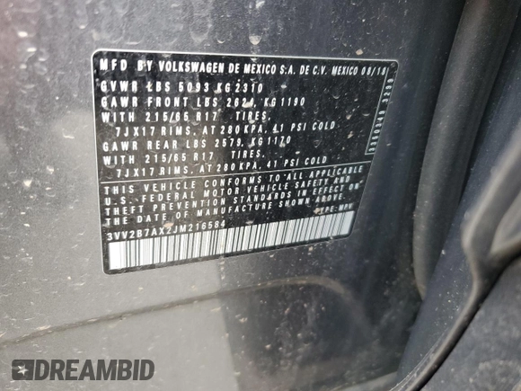 2018 Volkswagen Tiguan SEL with VIN 3VV2B7AX2JM216584, listed as a Copart auction lot 60986525 with 78,641 mi miles and Salvage title. Bid and sale history available at DreamBid. Image 13.
