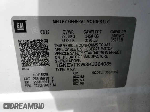 2019 Chevrolet Traverse LS with VIN 1GNEVFKW3KJ264085, listed as a Copart auction lot 46819225 with 69,879 mi miles and Non Repairable. Bid and sale history available at carsss.com. Image 13.