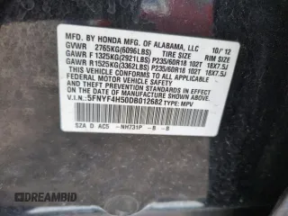 2013 Honda Pilot EX-L with VIN 5FNYF4H50DB012682, listed as a Copart auction lot 54604635 with 192,263 mi miles and Salvage Title. Bid and sale history available at DreamBid. Image 12.