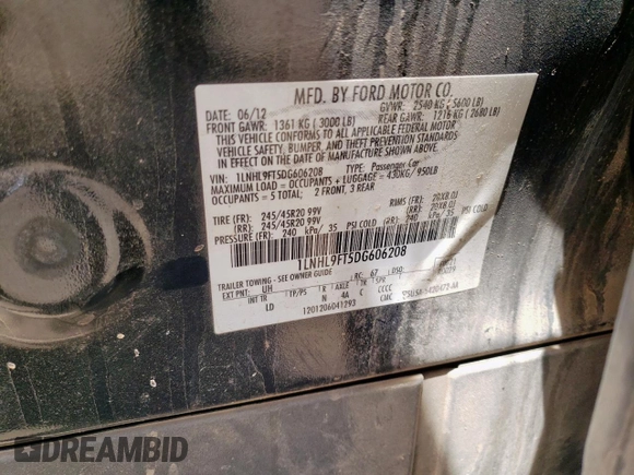 2013 Lincoln MKS EcoBoost with VIN 1LNHL9FT5DG606208, listed as a Copart auction lot 59224735 with 156,202 mi miles and Salvage title. Bid and sale history available at DreamBid. Image 12.