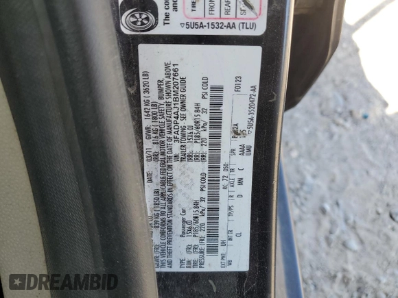2011 Ford Fiesta S with VIN 3FADP4AJ1BM207661, listed as a Copart auction lot 59404505 with 172,707 mi miles and Salvage title. Bid and sale history available at DreamBid. Image 12.