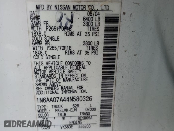 2004 Nissan Titan LE with VIN 1N6AA07A44N580326, listed as a Copart auction lot 53446825 with 236,618 mi miles and Salvage title. Bid and sale history available at DreamBid. Image 13.