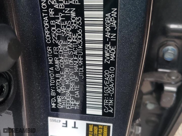 2019 Toyota Prius LE with VIN JTDL9RFU1K3006733, listed as a Copart auction lot 55168242 with 37,544 mi miles. Bid and sale history available at carsss.com. Image 10.