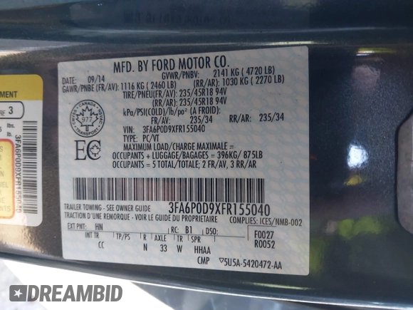 2015 Ford Fusion Titanium with VIN 3FA6P0D9XFR155040, listed as a IAAI auction lot 41423022 with 148,365 mi miles. Bid and sale history available at carsss.com. Image 9.