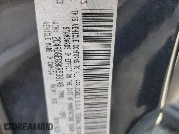 2019 Dodge Grand Caravan GT with VIN 2C4RDGEG9KR538148, listed as a Copart auction lot 55384785 with 170,156 mi miles and Clean Title. Bid and sale history available at DreamBid. Image 13.