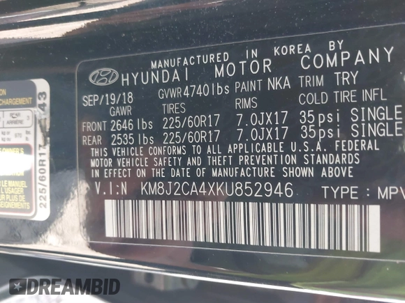 2019 Hyundai Tucson SE with VIN KM8J2CA4XKU852946, listed as a IAAI auction lot 41784214 with 120,857 mi miles. Bid and sale history available at carsss.com. Image 9.