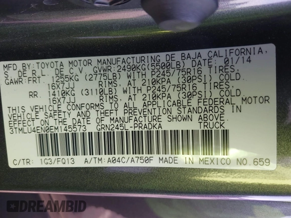 2014 Toyota Tacoma with VIN 3TMLU4EN0EM145573, listed as a IAAI auction lot 41621189 with 178,281 mi miles. Bid and sale history available at carsss.com. Image 9.